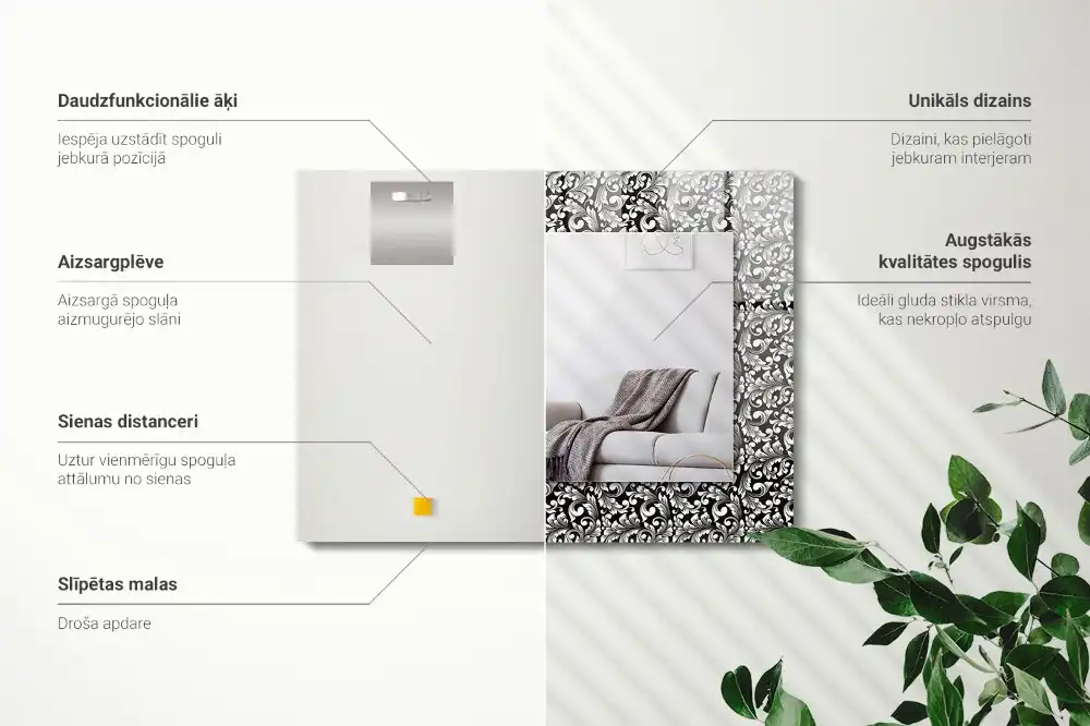 Rektangulär spegel med tryck Svarta och vita ornament