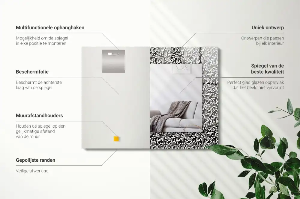 Rektangulär spegel med tryck Svarta och vita ornament