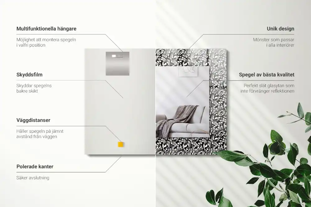 Rektangulär spegel med tryck Svarta och vita ornament