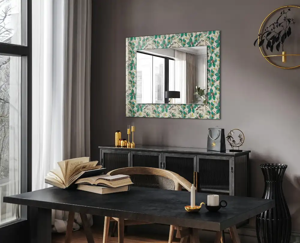 Rektangulär spegel med tryck Fåglar och blommor