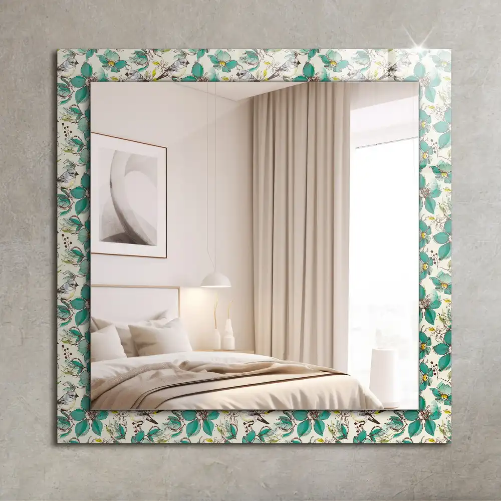Rektangulär spegel med tryck Fåglar och blommor