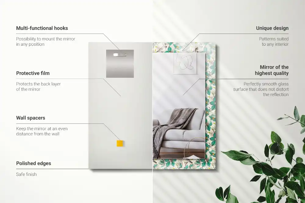 Rektangulär spegel med tryck Fåglar och blommor