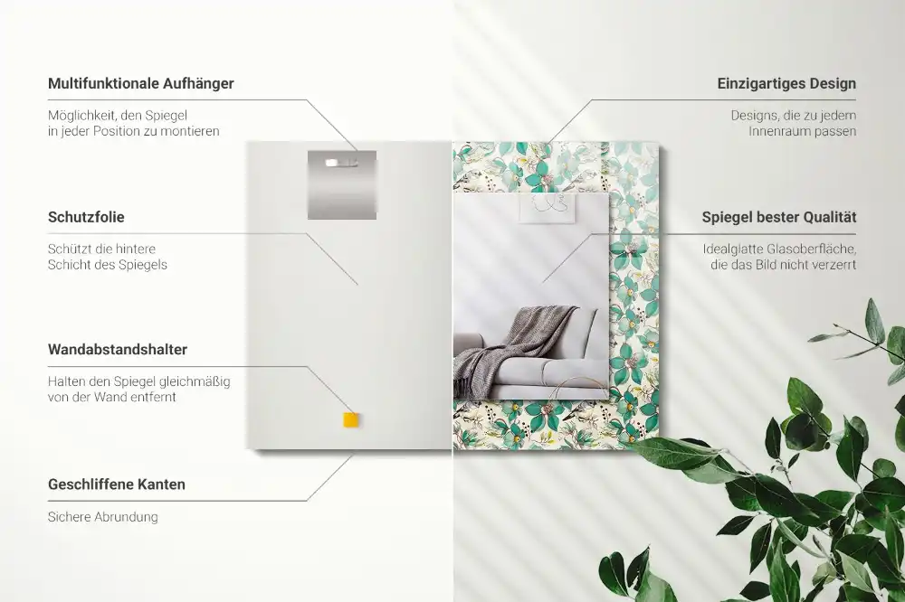 Rektangulär spegel med tryck Fåglar och blommor