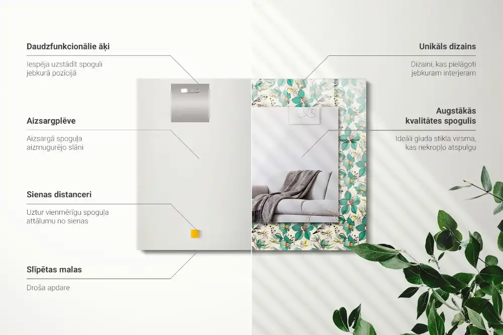 Rektangulär spegel med tryck Fåglar och blommor