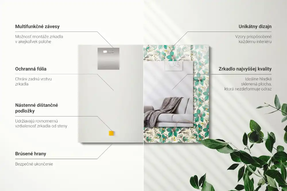 Rektangulär spegel med tryck Fåglar och blommor