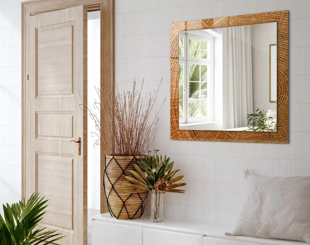 Rektangulär spegel med tryck Tvärsnitt av en trädstam med växtringar