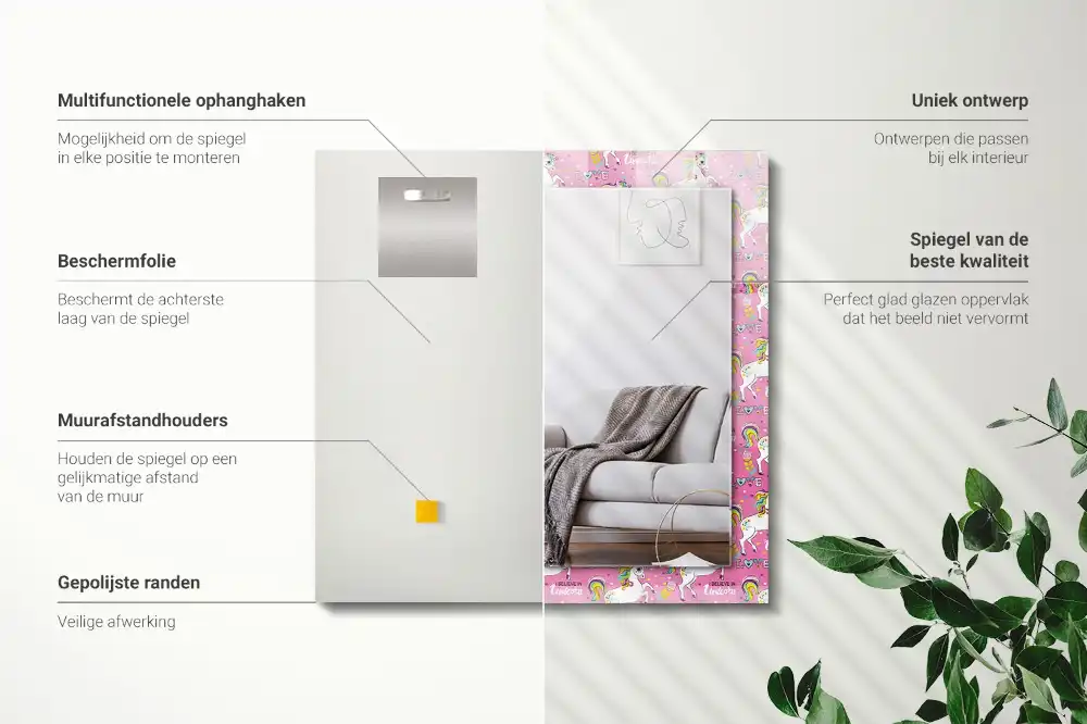 Rektangulär spegel med tryck Unicorn Rainbow Hearts