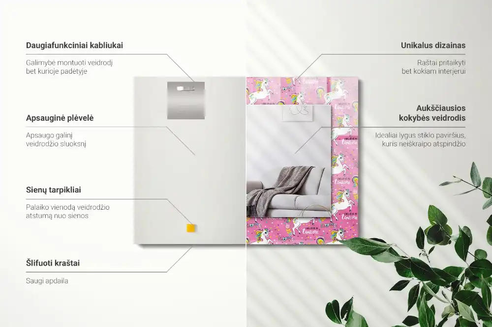 Rektangulär spegel med tryck Unicorn Rainbow Hearts