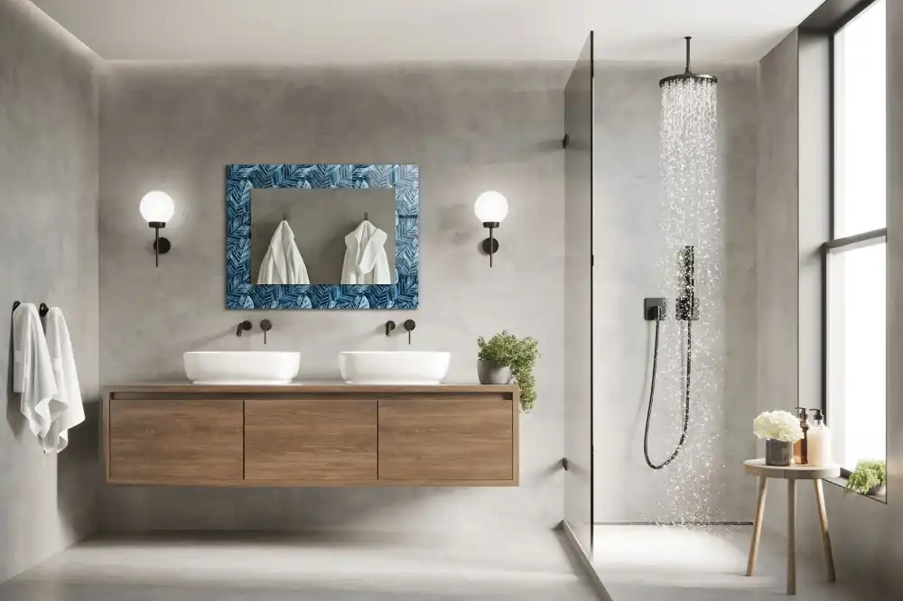 Rektangulär spegel med tryck Blå löv mönster