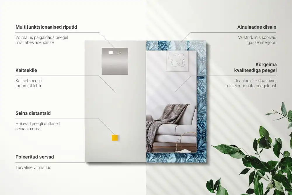 Rektangulär spegel med tryck Blå löv mönster