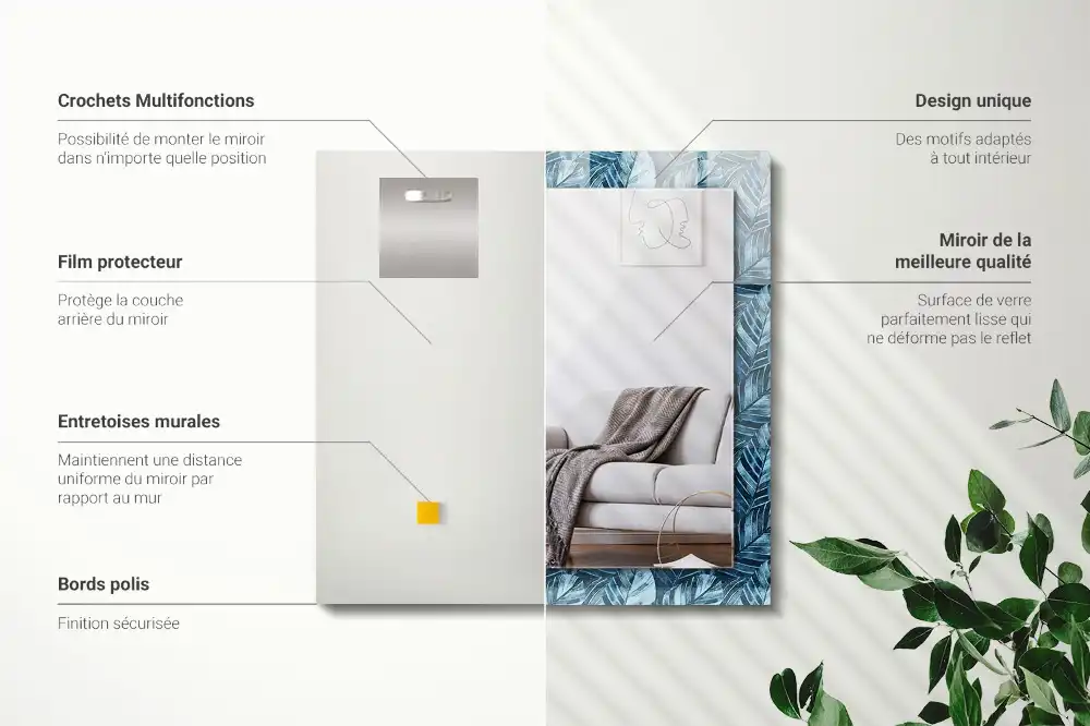 Rektangulär spegel med tryck Blå löv mönster