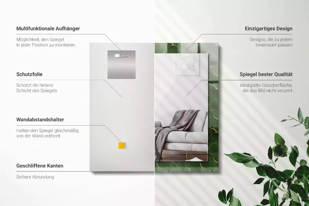 Rektangulär spegel med tryck Gröna blad mönster