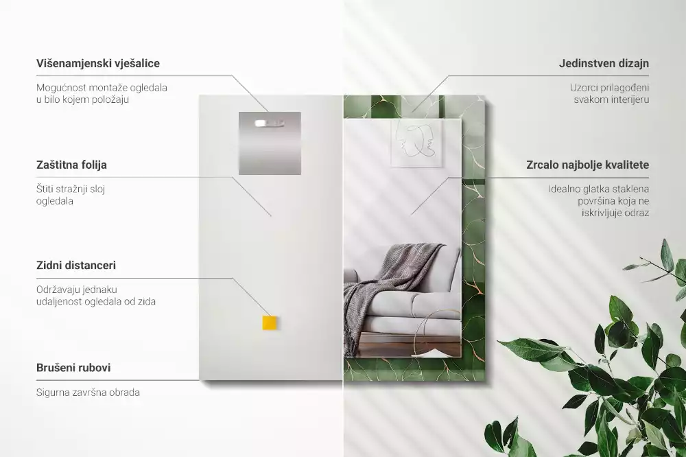 Rektangulär spegel med tryck Gröna blad mönster