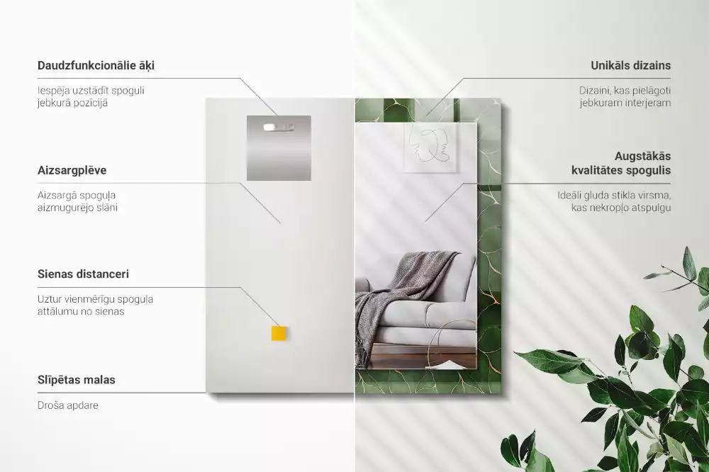 Rektangulär spegel med tryck Gröna blad mönster