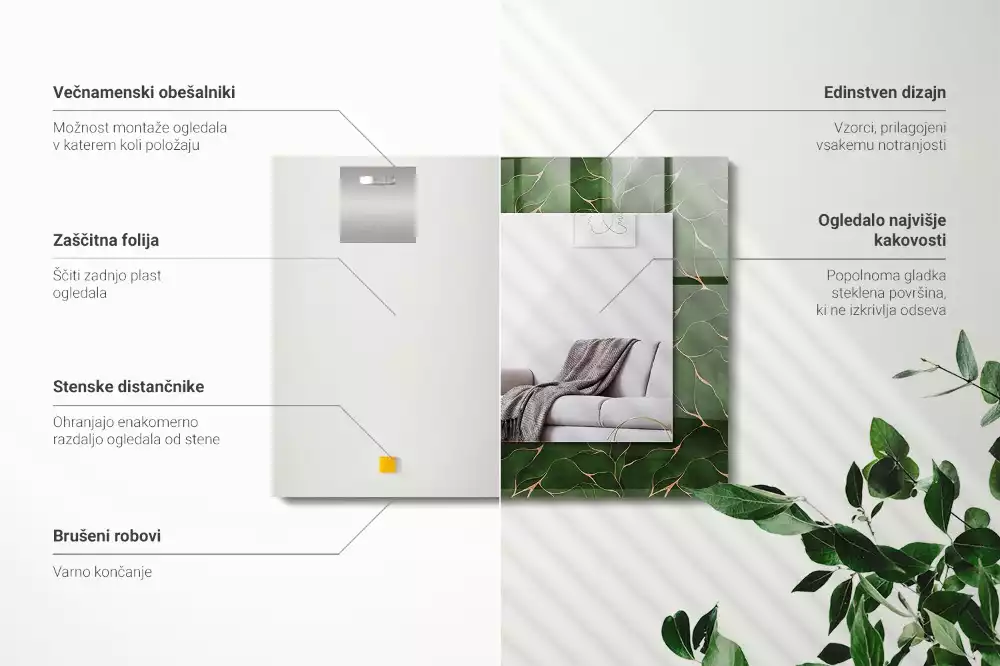 Rektangulär spegel med tryck Gröna blad mönster