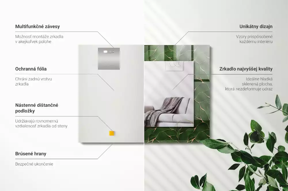 Rektangulär spegel med tryck Gröna blad mönster