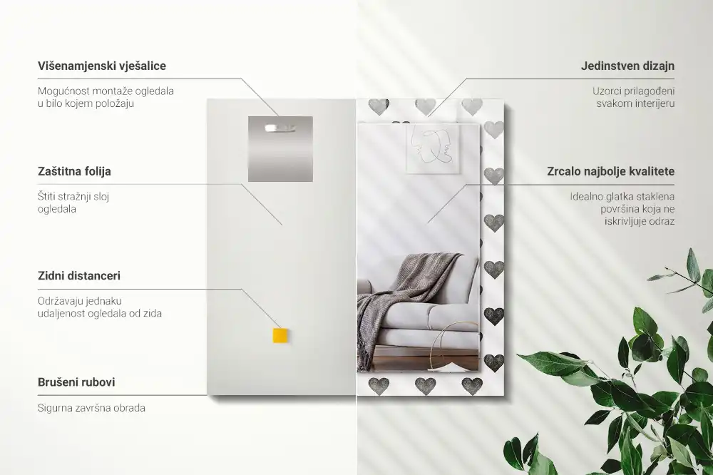 Rektangulär spegel med tryck Svarta hjärtan mönster