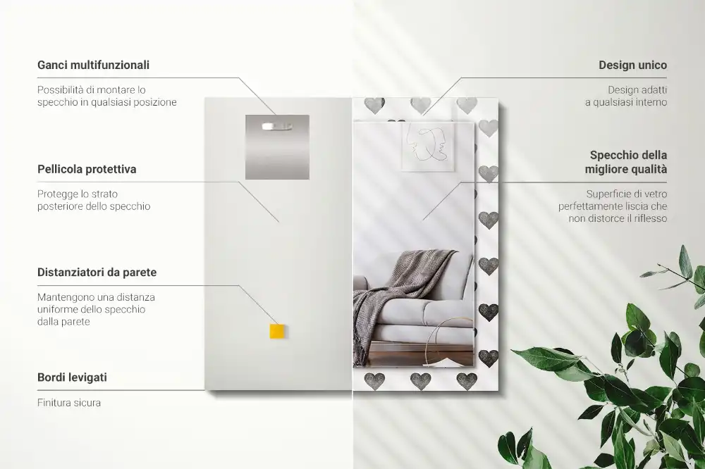 Rektangulär spegel med tryck Svarta hjärtan mönster