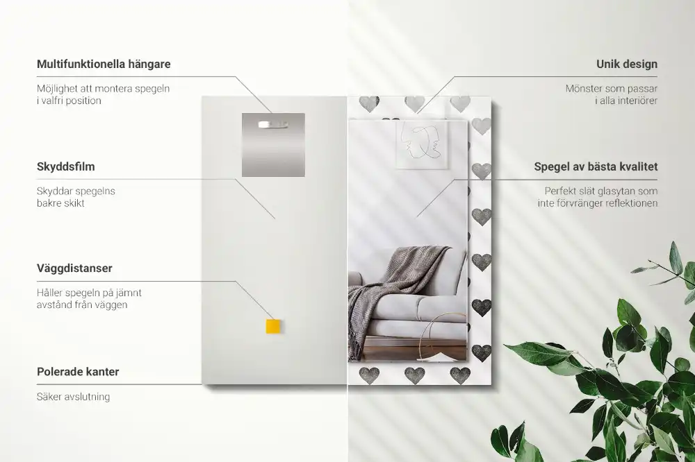 Rektangulär spegel med tryck Svarta hjärtan mönster