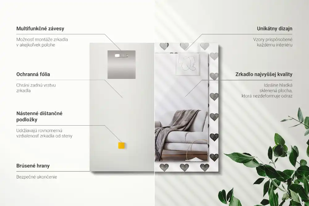 Rektangulär spegel med tryck Svarta hjärtan mönster