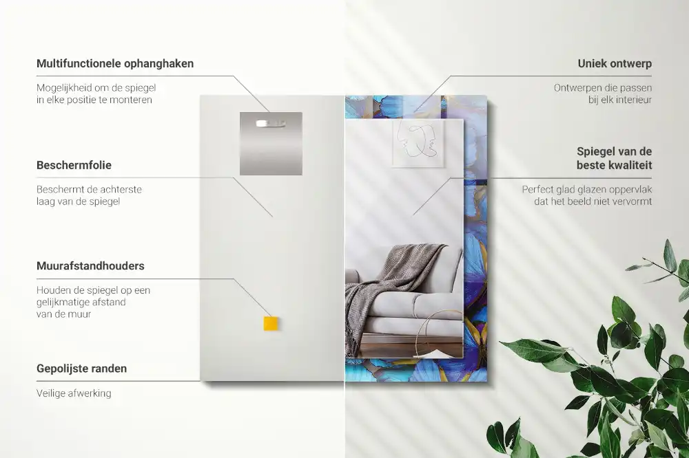 Rektangulär spegel med tryck Blå och gröna fjärilar