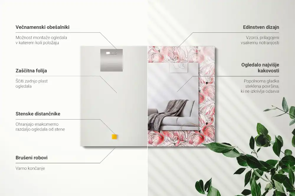 Rektangulär spegel med tryck Rosa flamingos