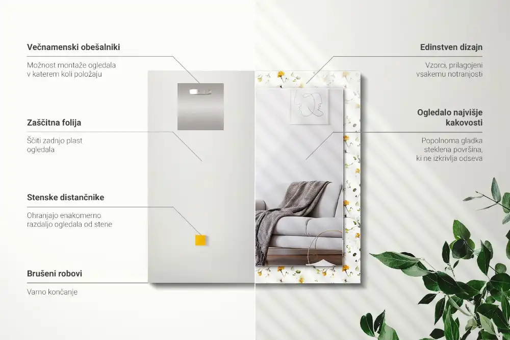 Dekorativ spegel med tryck Blommor blad mönster