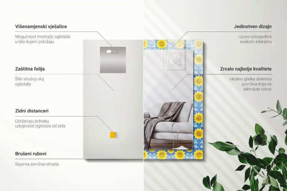 Rektangulär spegel med tryck Solrosblad mönster