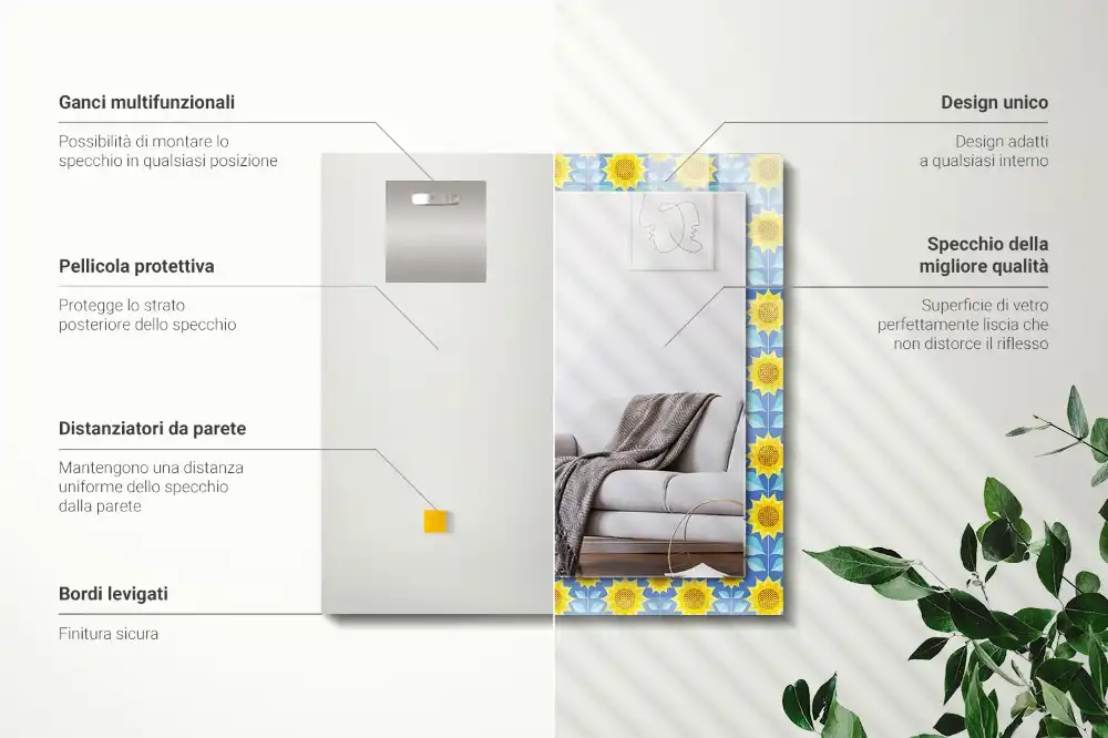 Rektangulär spegel med tryck Solrosblad mönster