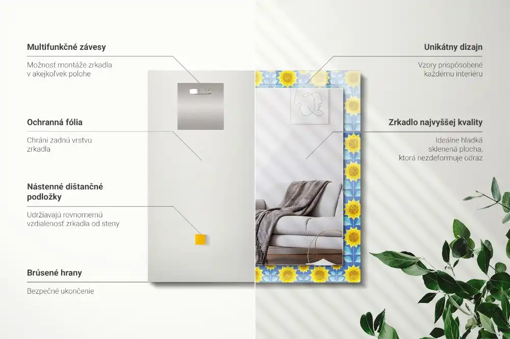 Rektangulär spegel med tryck Solrosblad mönster