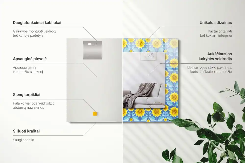 Rektangulär spegel med tryck Solrosblad mönster