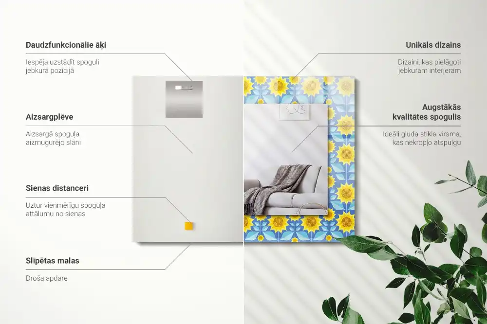 Rektangulär spegel med tryck Solrosblad mönster