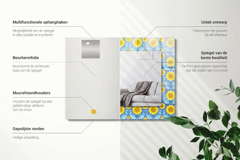 Rektangulär spegel med tryck Solrosblad mönster