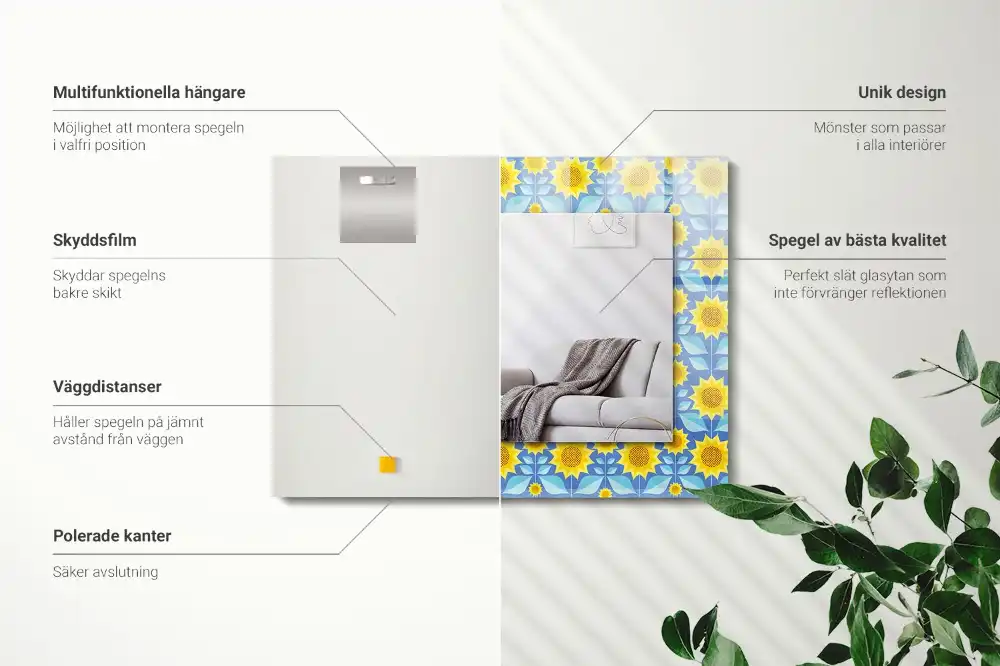 Rektangulär spegel med tryck Solrosblad mönster