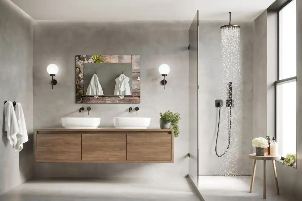 Rektangulär spegel med tryck Blommor på trä