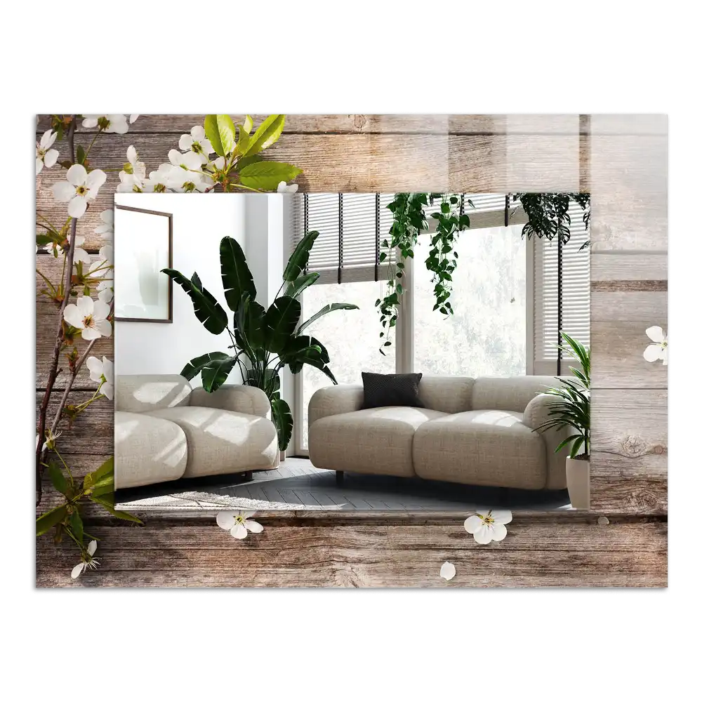 Rektangulär spegel med tryck Blommor på trä
