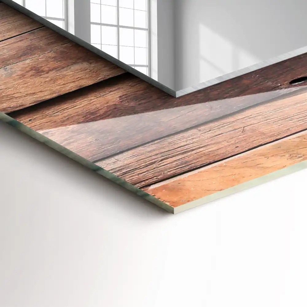 Rektangulär spegel med tryck Träpanelvägg