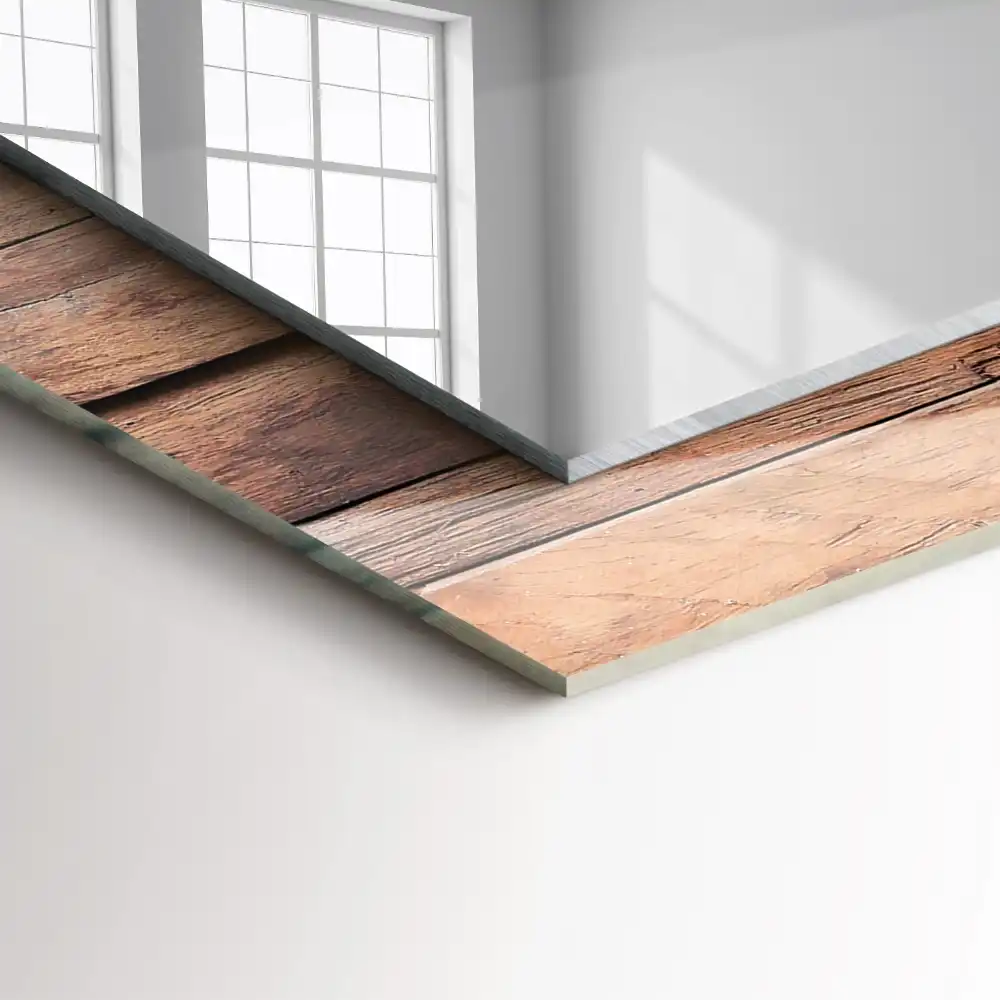 Rektangulär spegel med tryck Träpanelvägg