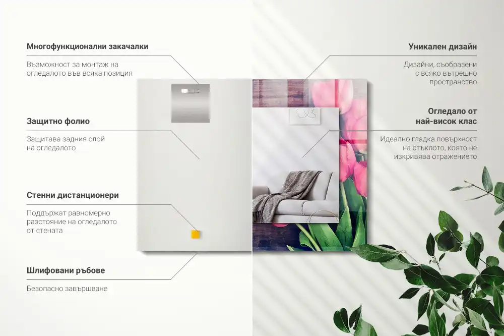 Rektangulär spegel med tryck Rosa tulpan trä
