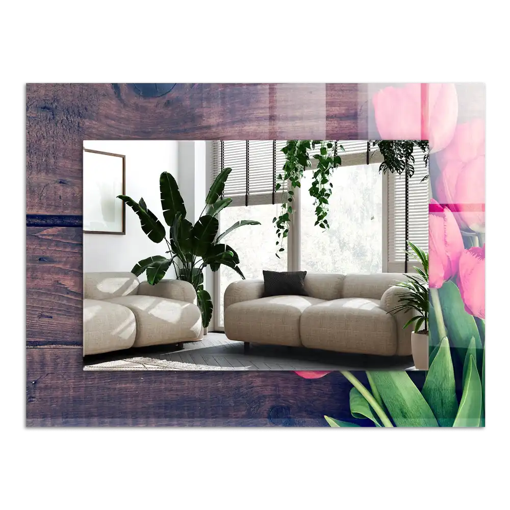 Rektangulär spegel med tryck Rosa tulpan trä
