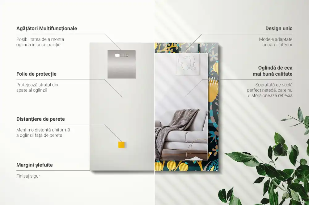 Rektangulär spegel med tryck Blommor lämnar mönster