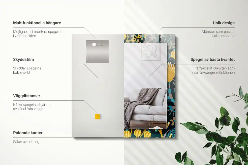 Rektangulär spegel med tryck Blommor lämnar mönster
