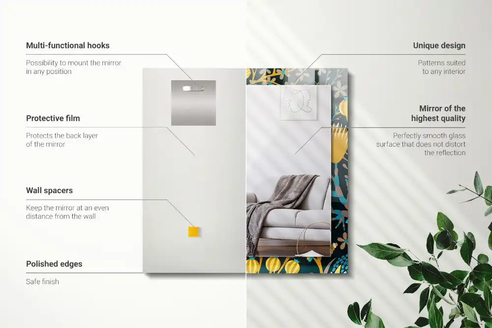 Rektangulär spegel med tryck Blommor lämnar mönster