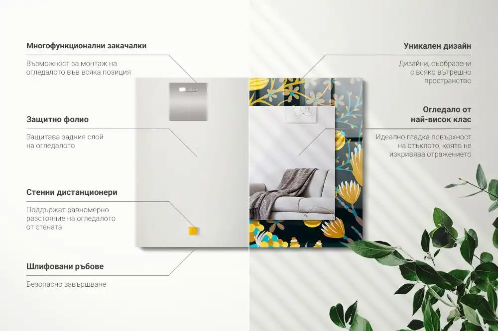 Rektangulär spegel med tryck Blommor lämnar mönster