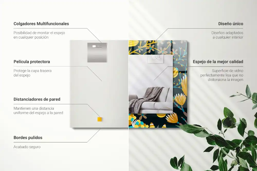 Rektangulär spegel med tryck Blommor lämnar mönster