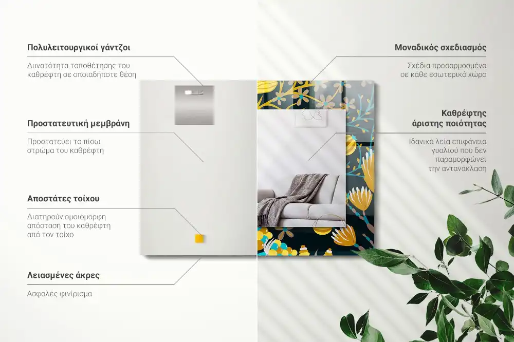 Rektangulär spegel med tryck Blommor lämnar mönster
