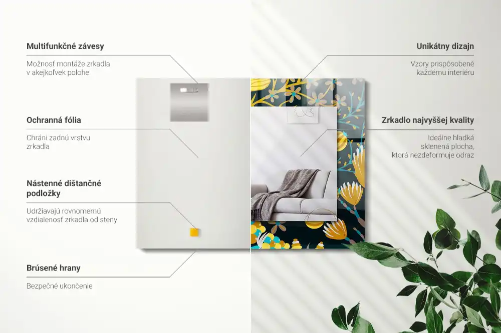Rektangulär spegel med tryck Blommor lämnar mönster