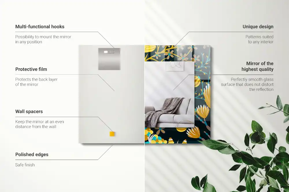 Rektangulär spegel med tryck Blommor lämnar mönster