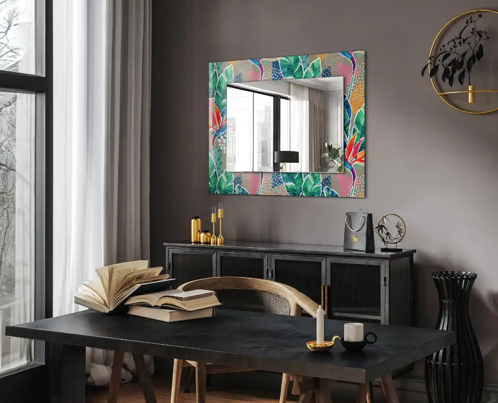 Rektangulär spegel med tryck Blommor och blad