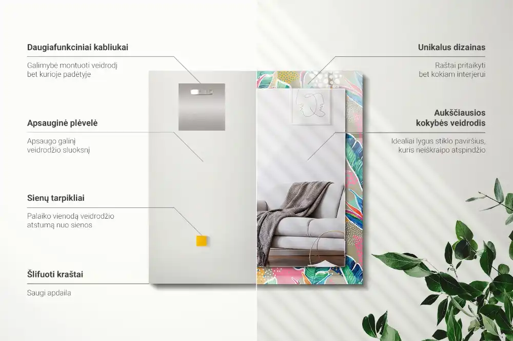 Rektangulär spegel med tryck Blommor och blad